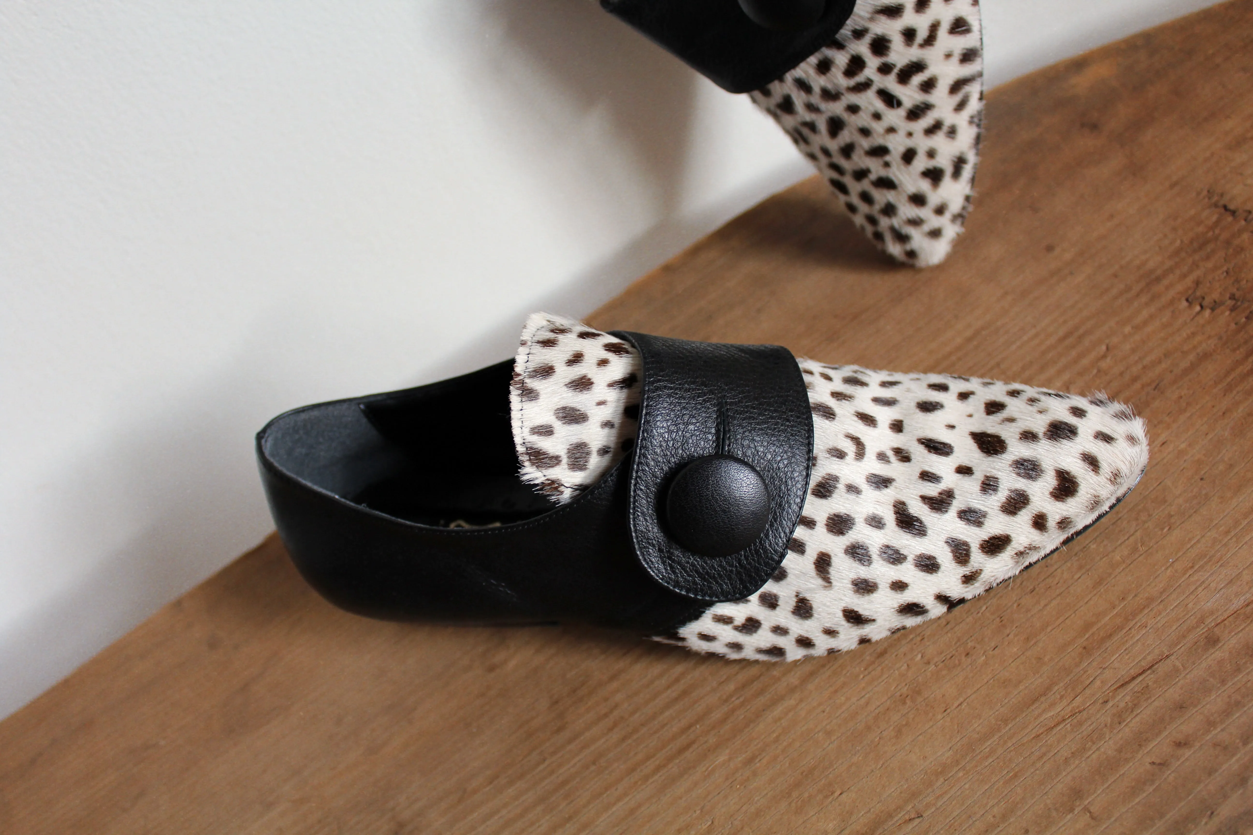 1980s Dalmation Pony Hair & Black Leather Pointed Button Mules - Made in Italy -Size 8