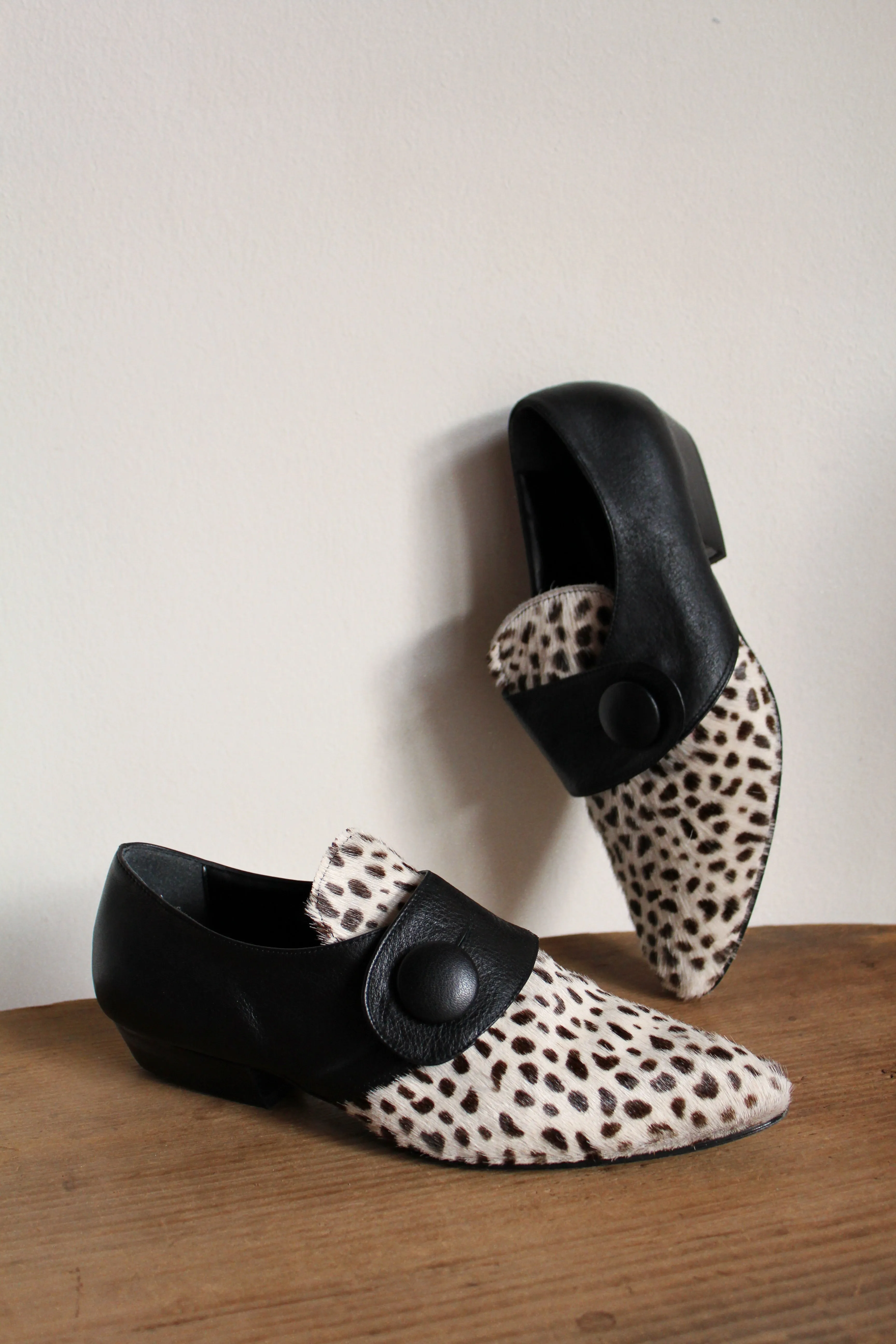 1980s Dalmation Pony Hair & Black Leather Pointed Button Mules - Made in Italy -Size 8