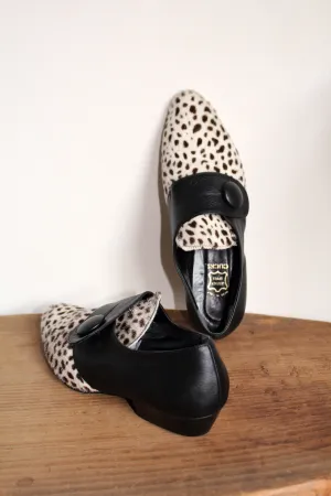 1980s Dalmation Pony Hair & Black Leather Pointed Button Mules - Made in Italy -Size 8