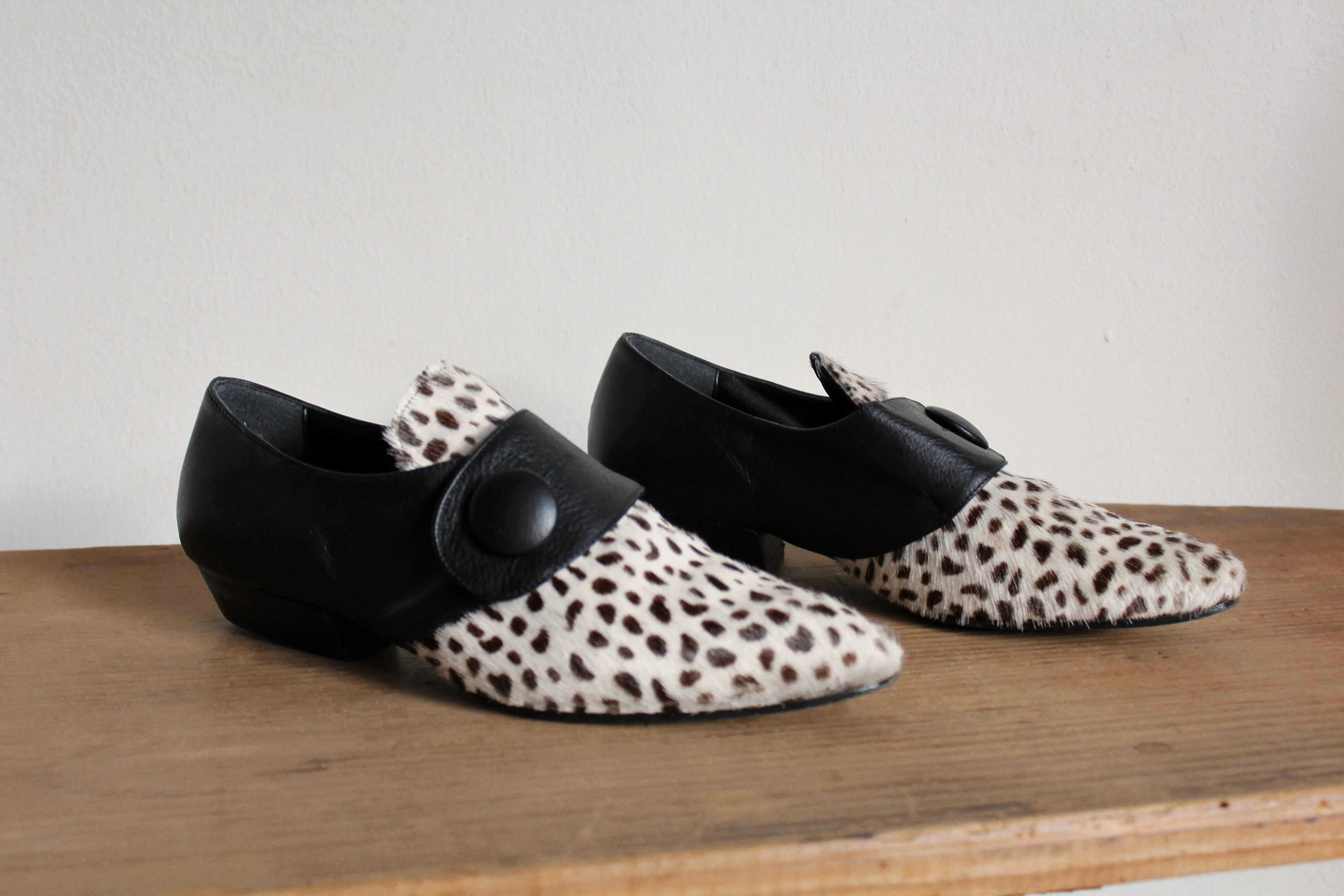 1980s Dalmation Pony Hair & Black Leather Pointed Button Mules - Made in Italy -Size 8