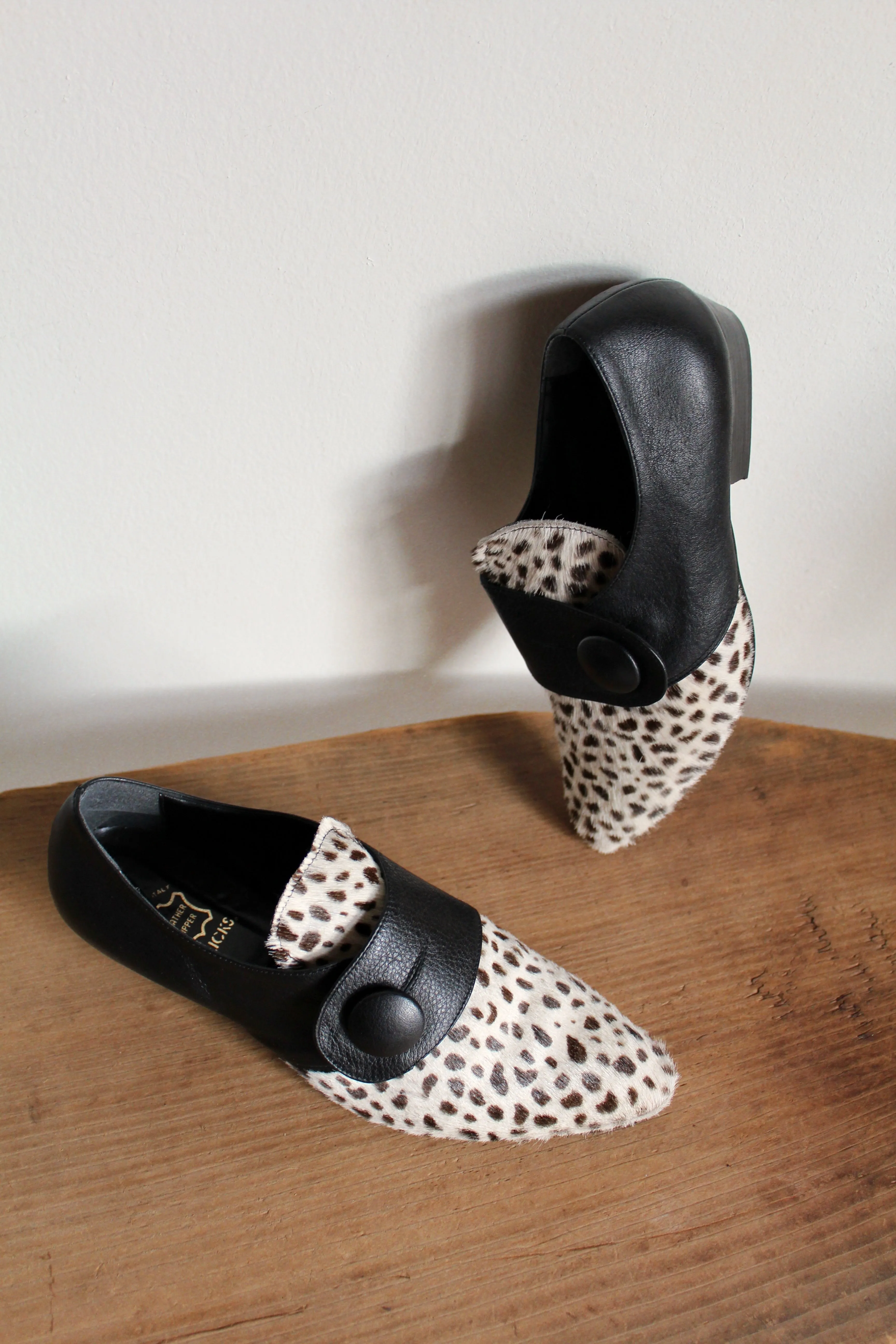 1980s Dalmation Pony Hair & Black Leather Pointed Button Mules - Made in Italy -Size 8