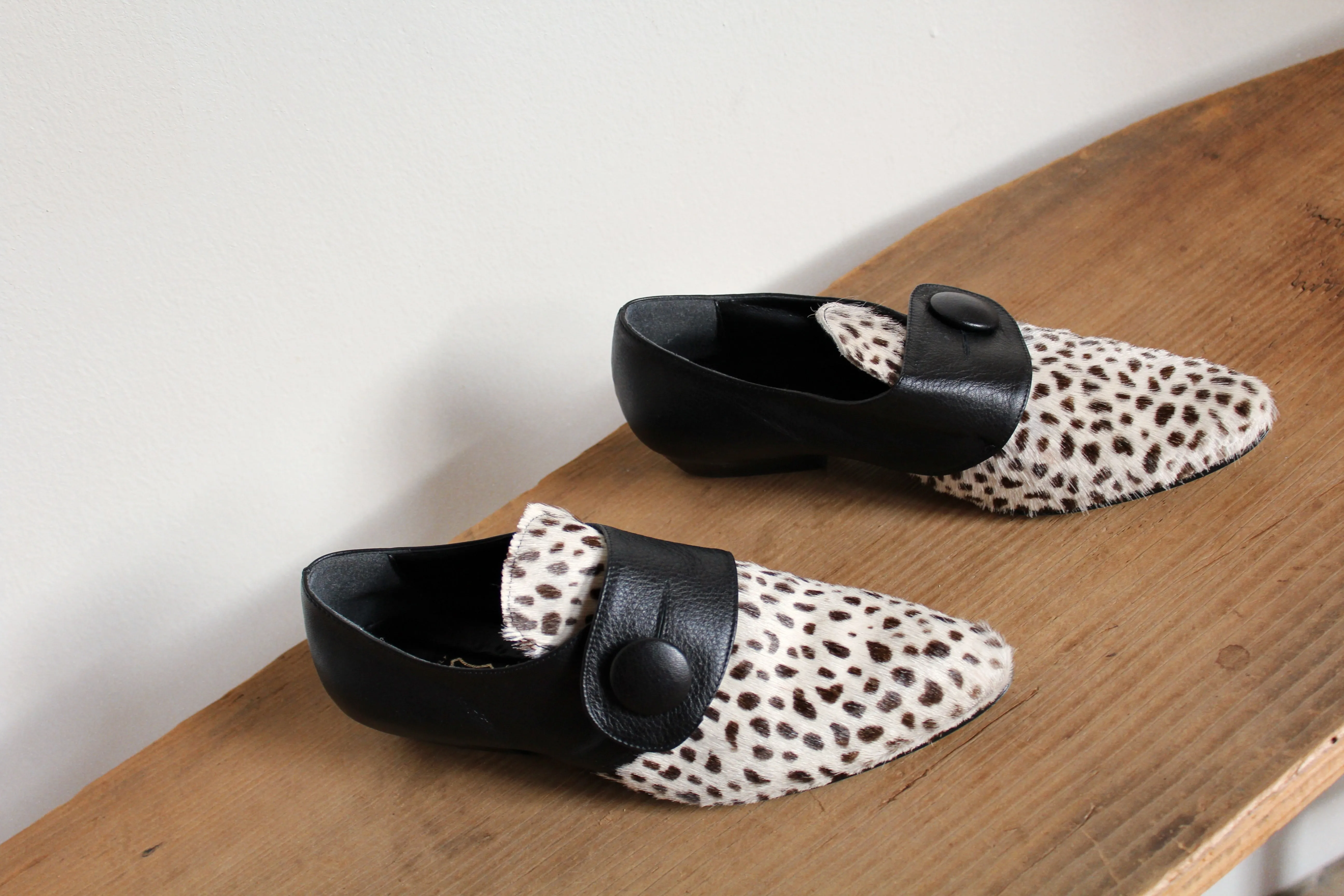 1980s Dalmation Pony Hair & Black Leather Pointed Button Mules - Made in Italy -Size 8