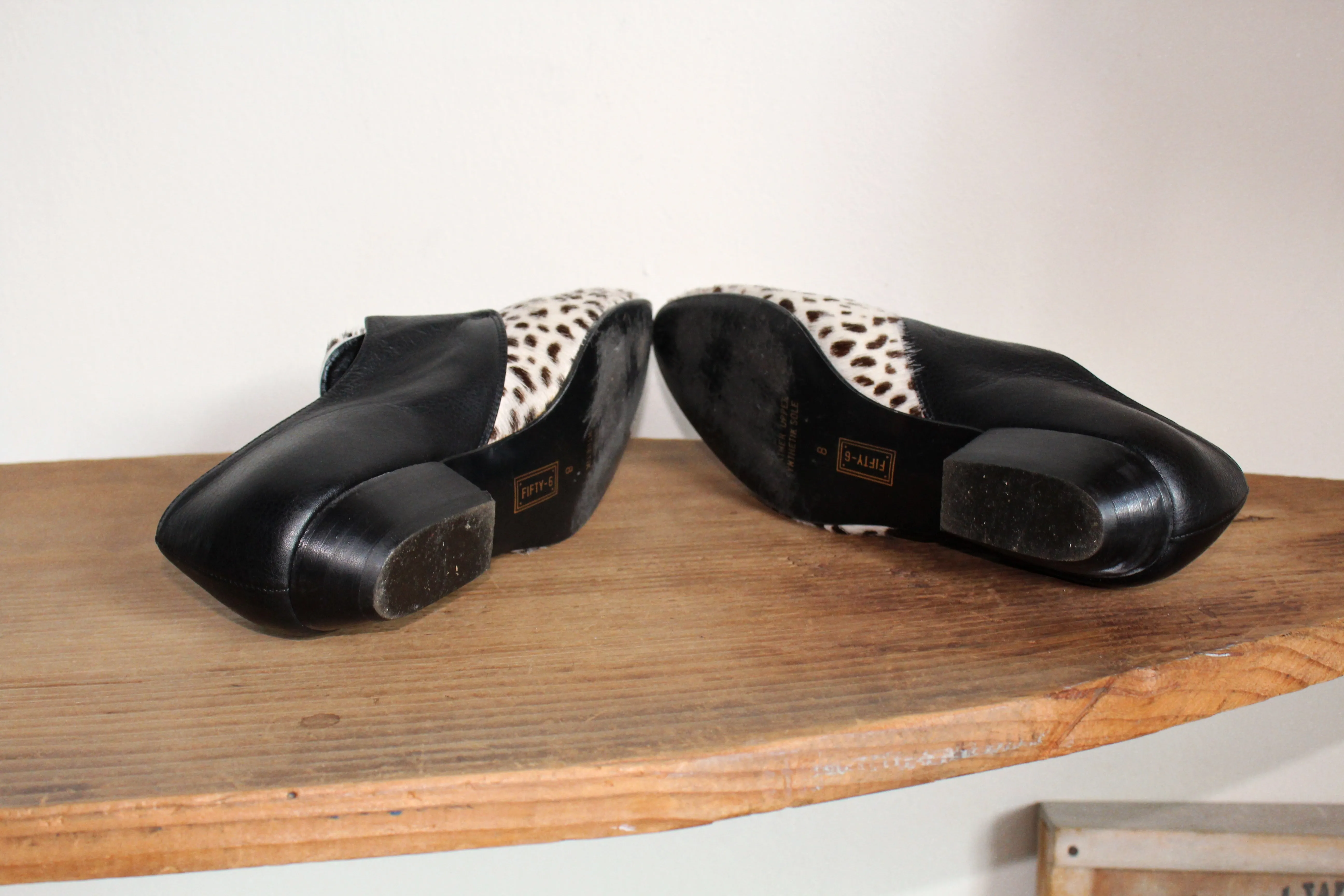 1980s Dalmation Pony Hair & Black Leather Pointed Button Mules - Made in Italy -Size 8