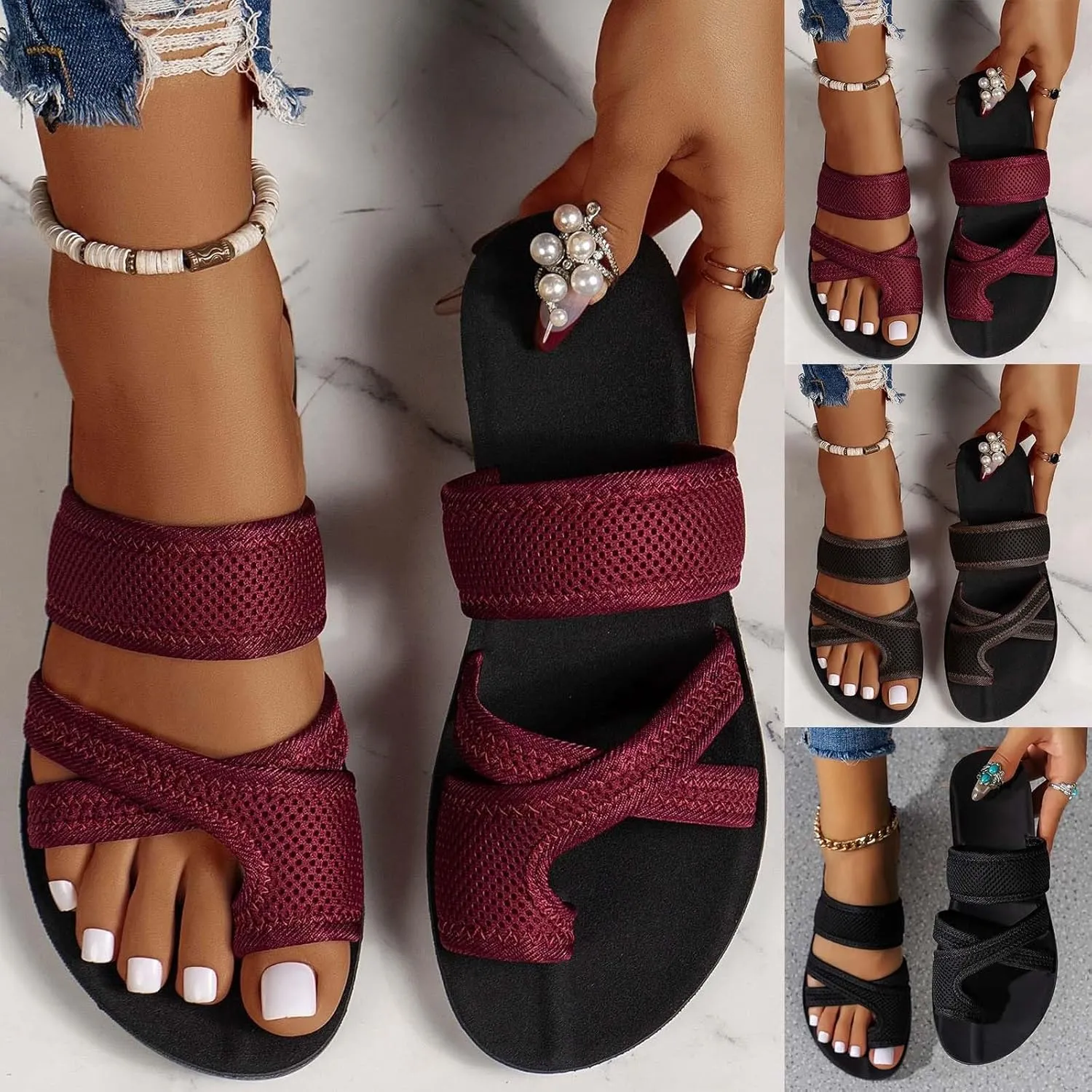 2024 Women's Hollow Mesh Slide Sandals - Dressy Summer Flats Orthopedic Arch Support Slip On Breathable Mesh Sandals