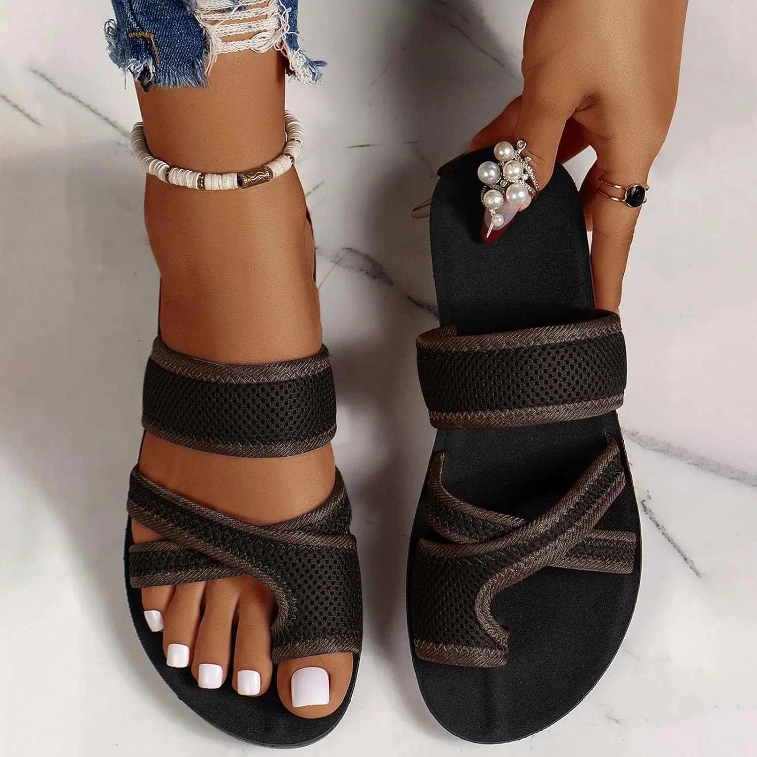 2024 Women's Hollow Mesh Slide Sandals - Dressy Summer Flats Orthopedic Arch Support Slip On Breathable Mesh Sandals