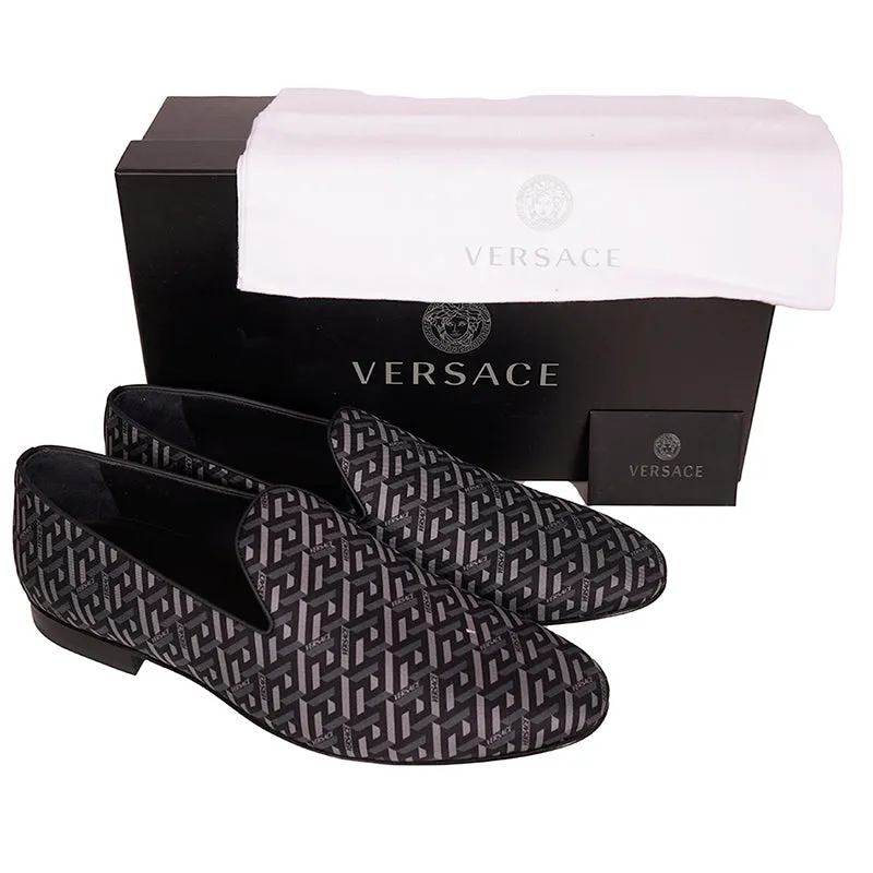 44 & 45 NEW $795 VERSACE Men's Black Grey LA GRECA LOGO Silk Twill SMOKING LOAFERS
