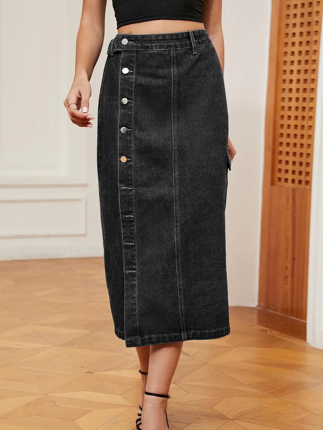 Always In Fashion Midi Button Down Denim Skirt
