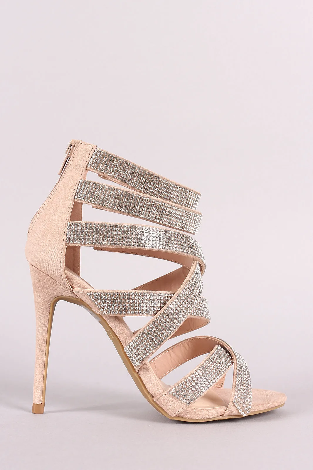 Anne Michelle Strappy Rhinestone Accent Open Toe Heel