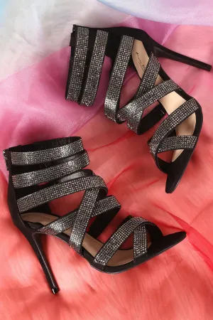 Anne Michelle Strappy Rhinestone Accent Open Toe Heel