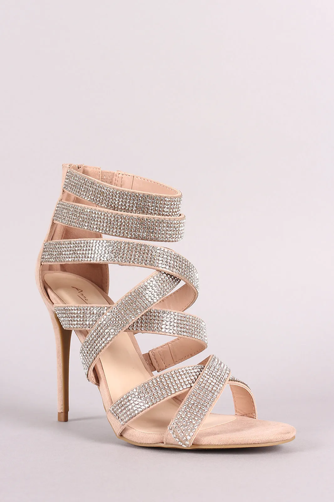 Anne Michelle Strappy Rhinestone Accent Open Toe Heel