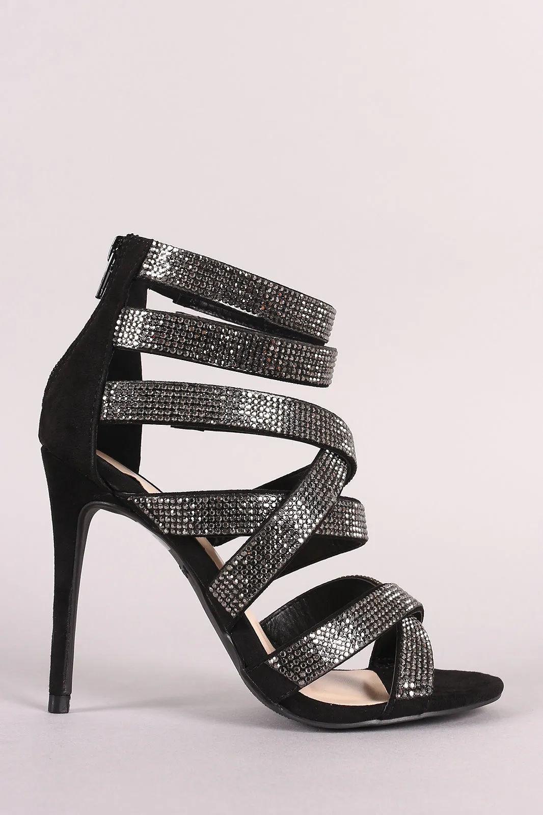 Anne Michelle Strappy Rhinestone Accent Open Toe Heel