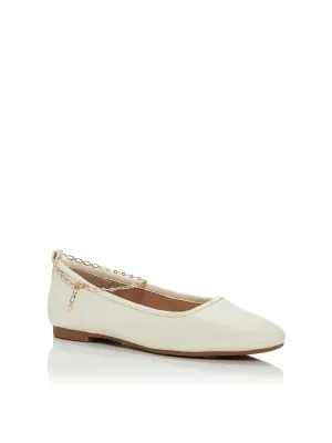 AQUA Womens White Chain Lobster Clasp Ankle Strap Padded Gabby Square Toe Slip On Leather Ballet Flats M