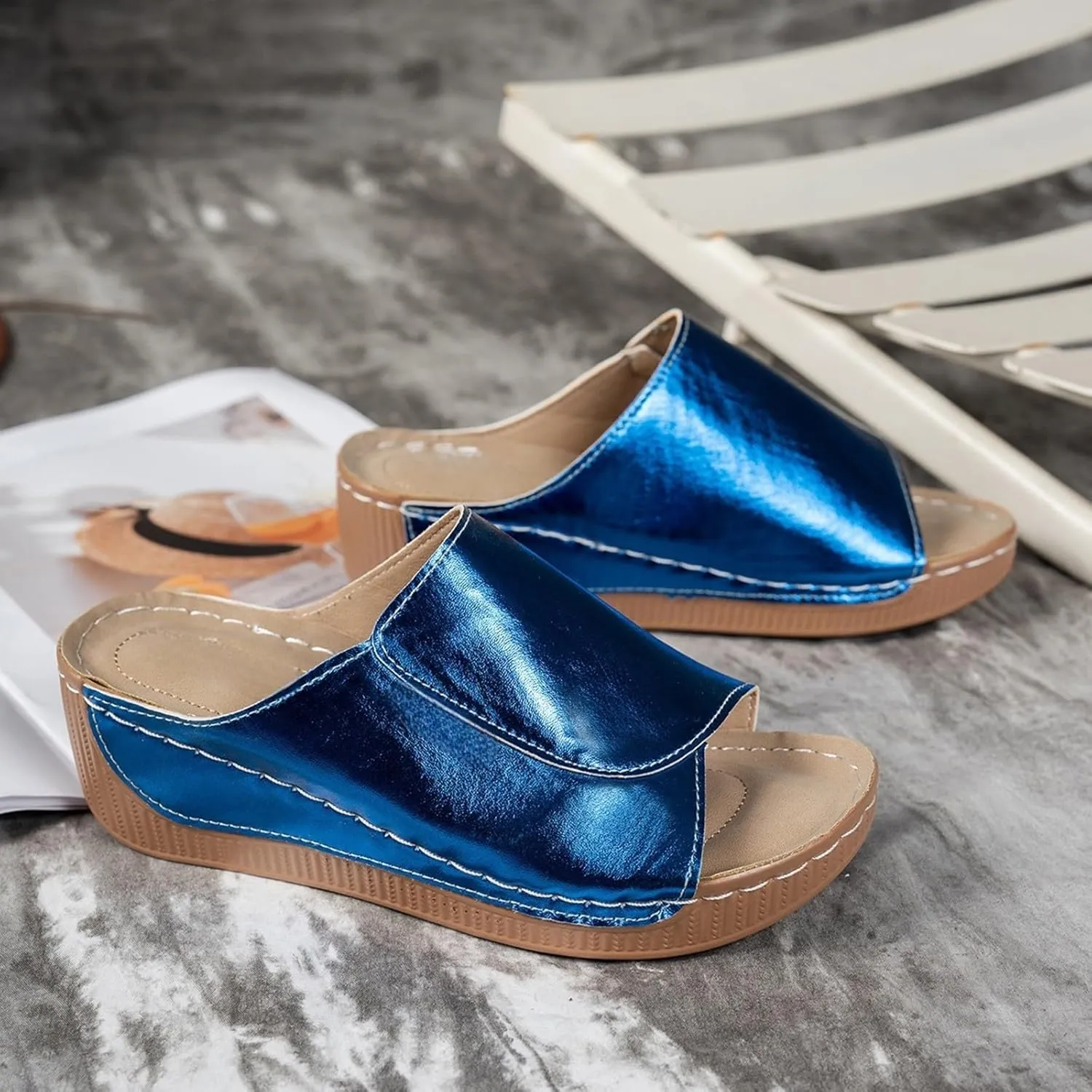 Arch Support Wedge Sandals Women Summer Breathable Orthotic Leather Platform Wedge Shoes Casual Slip On Walking Slides