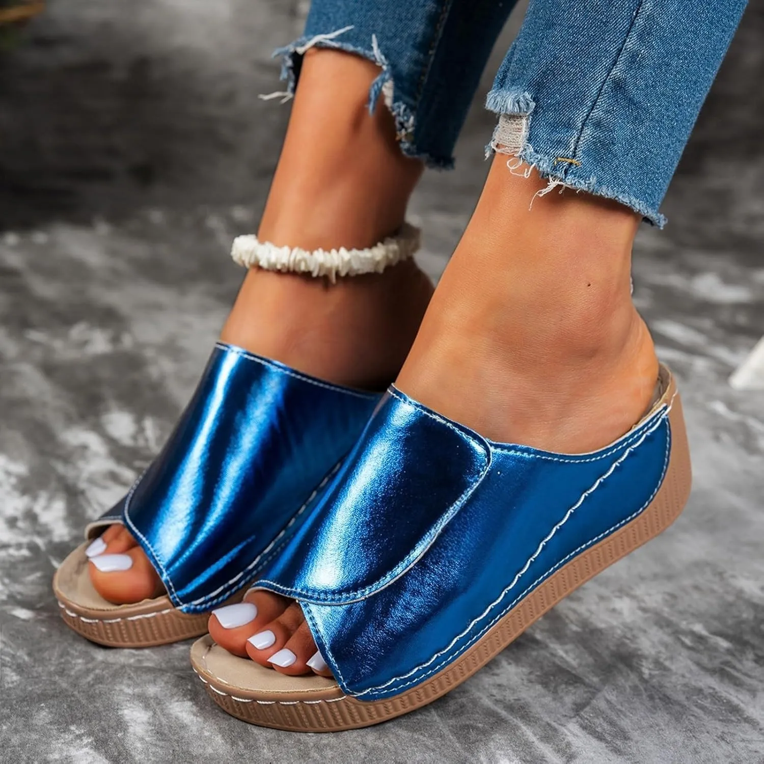 Arch Support Wedge Sandals Women Summer Breathable Orthotic Leather Platform Wedge Shoes Casual Slip On Walking Slides