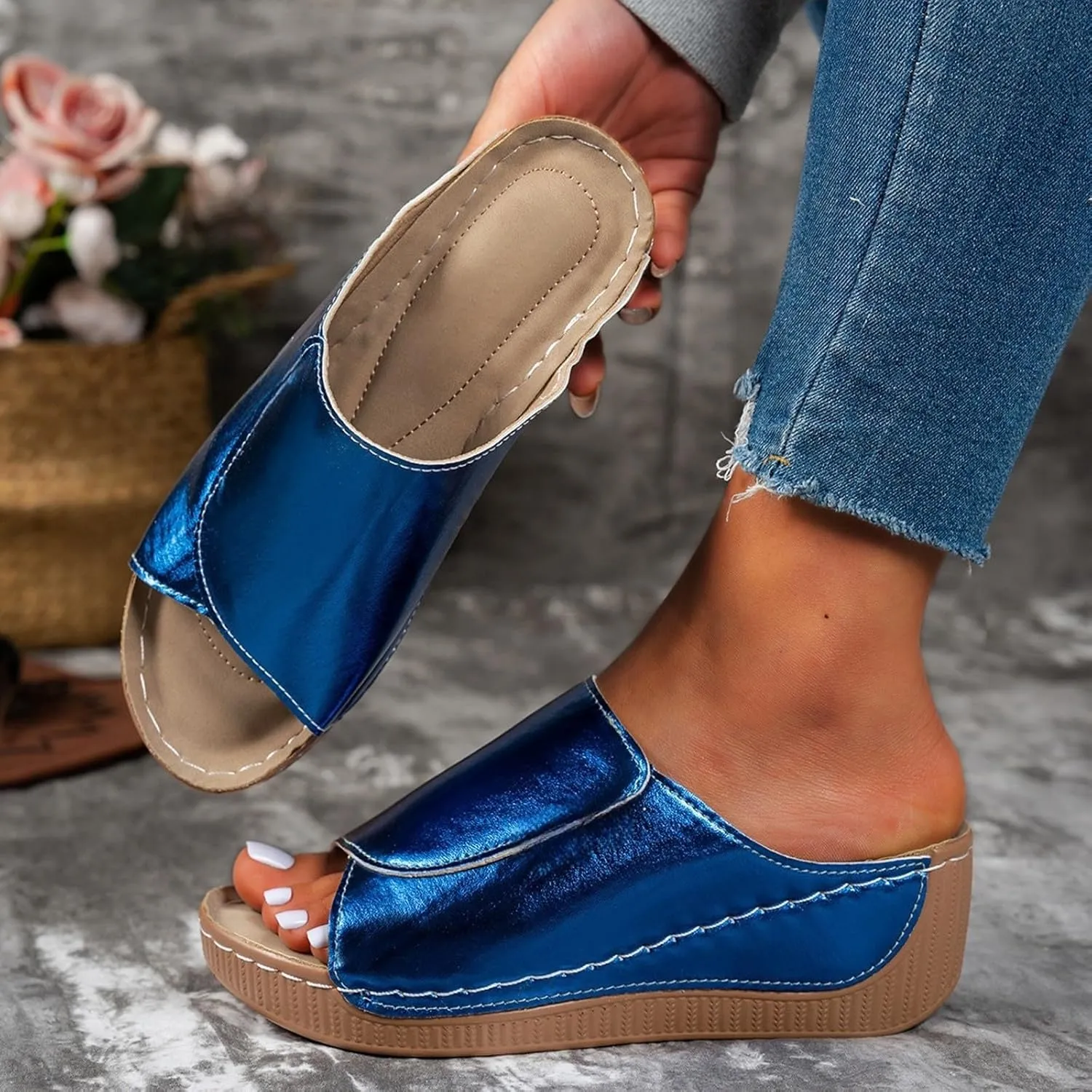Arch Support Wedge Sandals Women Summer Breathable Orthotic Leather Platform Wedge Shoes Casual Slip On Walking Slides