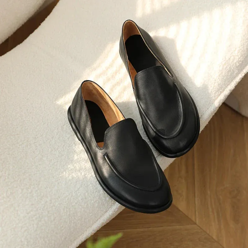 binfenxie  -  Loafers Women's Shoes 2025 New Spring Round Toe Slip-on Small Leather Shoes Casual Soft Leather Flat Mules