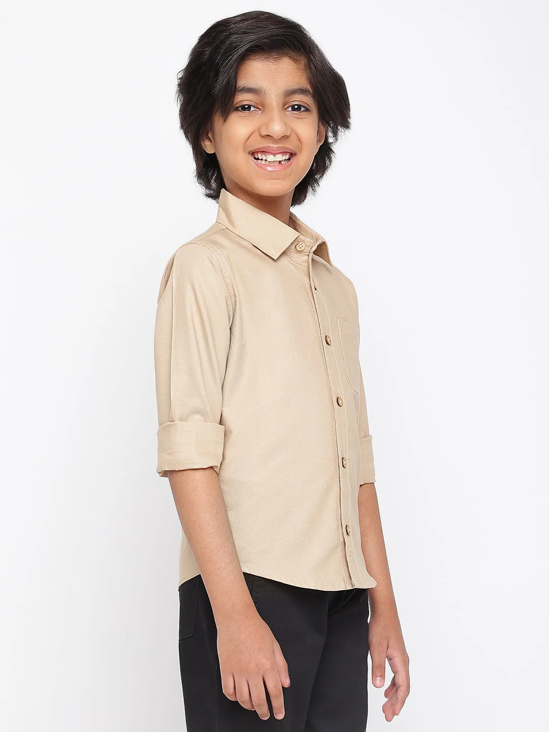 Boys Beige Cotton Solid Full Sleeves Regular Fit Shirt