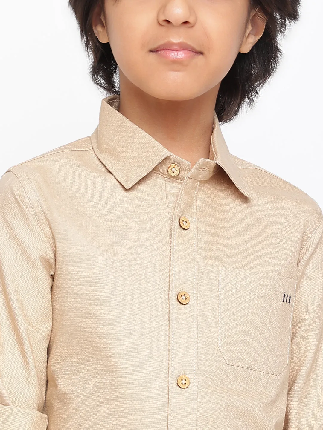 Boys Beige Cotton Solid Full Sleeves Regular Fit Shirt