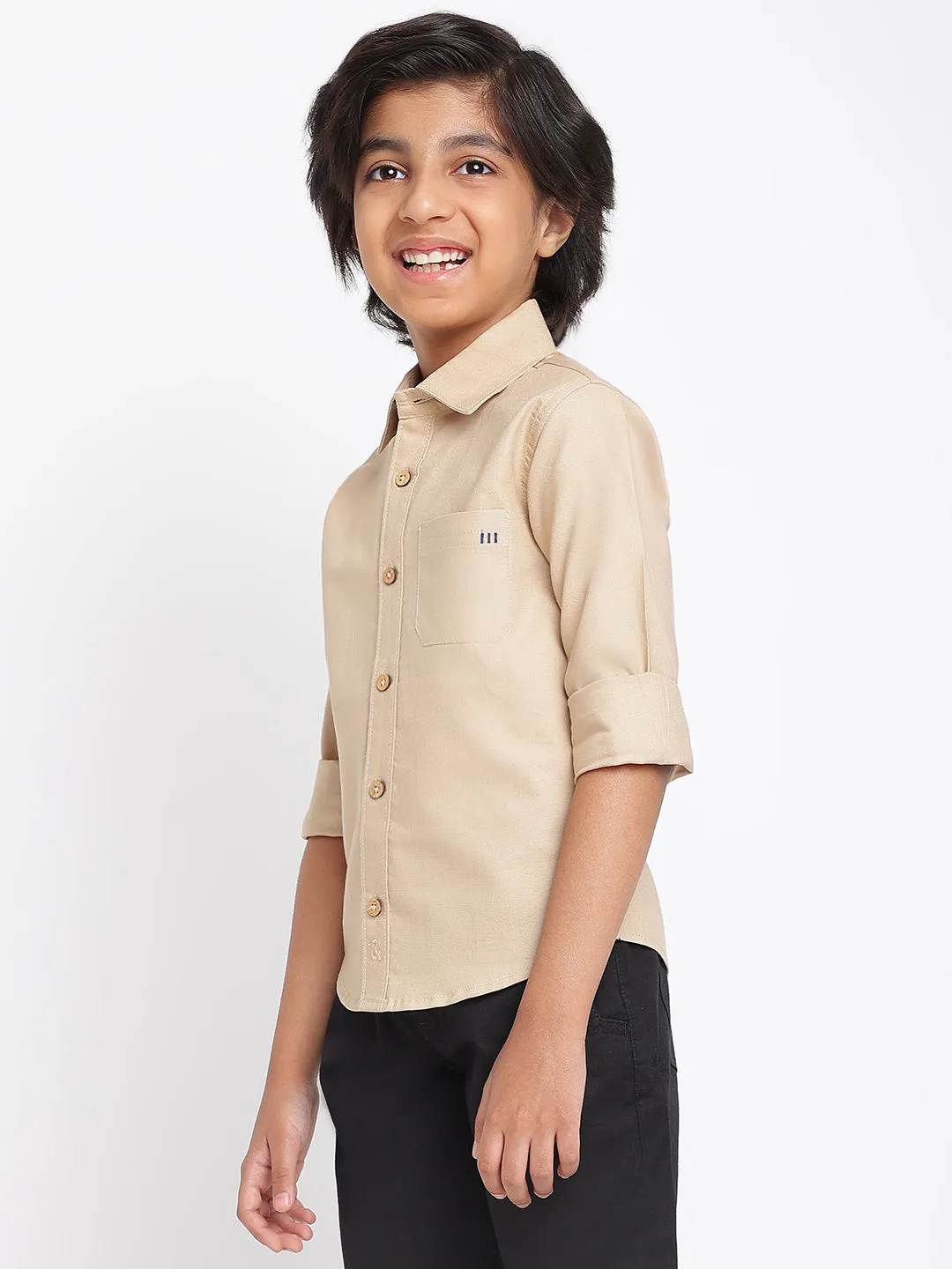 Boys Beige Cotton Solid Full Sleeves Regular Fit Shirt
