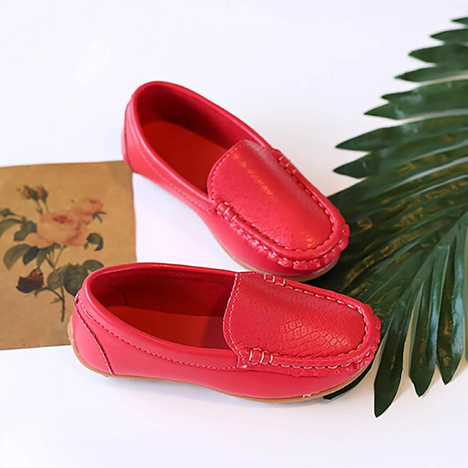 Boys Girls Leather Loafers Soft Slip-On Texture Flat Boat Dress occasin Schooling Daily Casual Walking Shoes