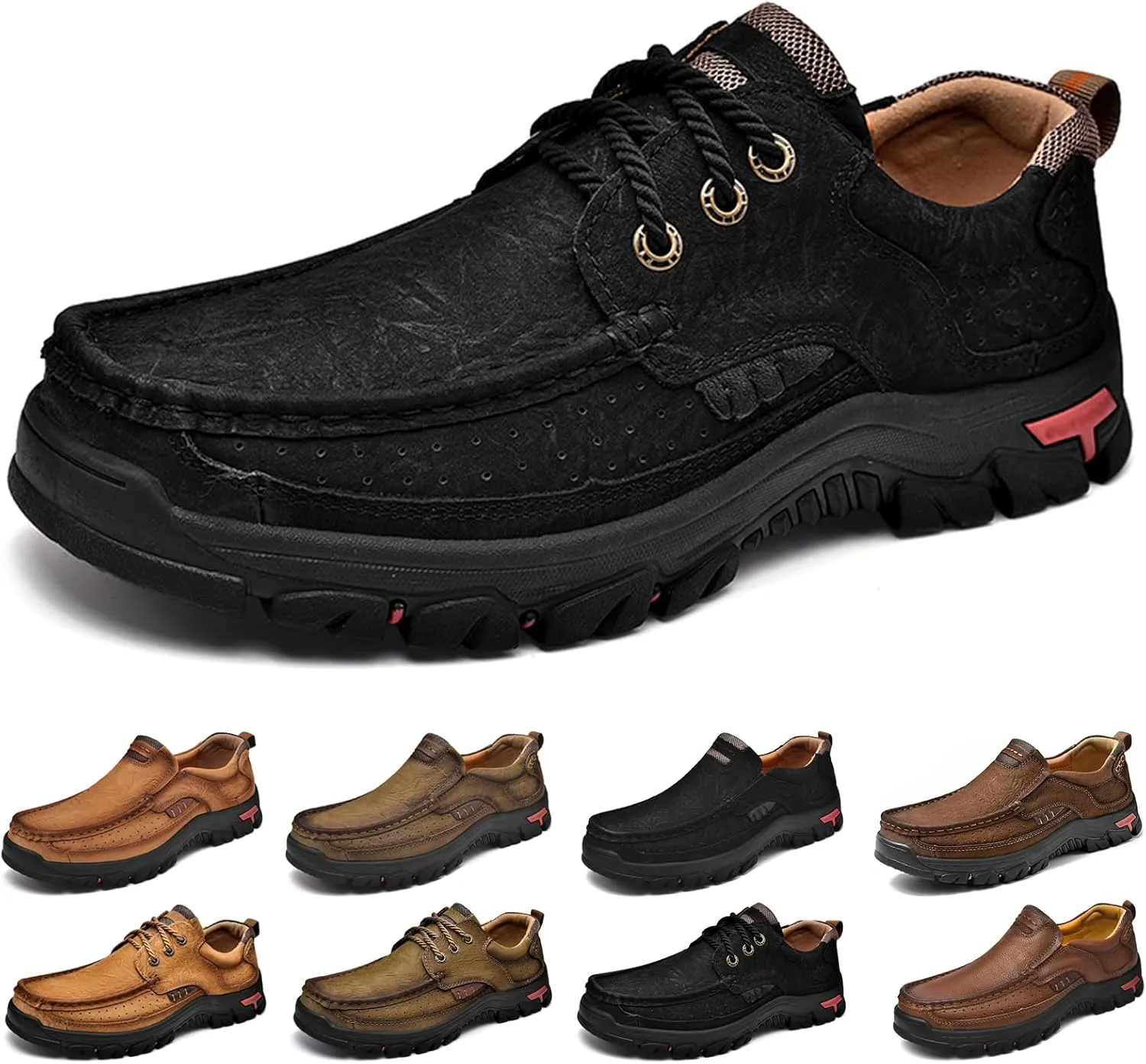 bumuam Mens Hiking Shoes Waterproof Lightweight Ankle Boots Mens Leather Slip-On Dress Loafers Walking Slippers for Men, Outdoor Trekking Camping Sneakers