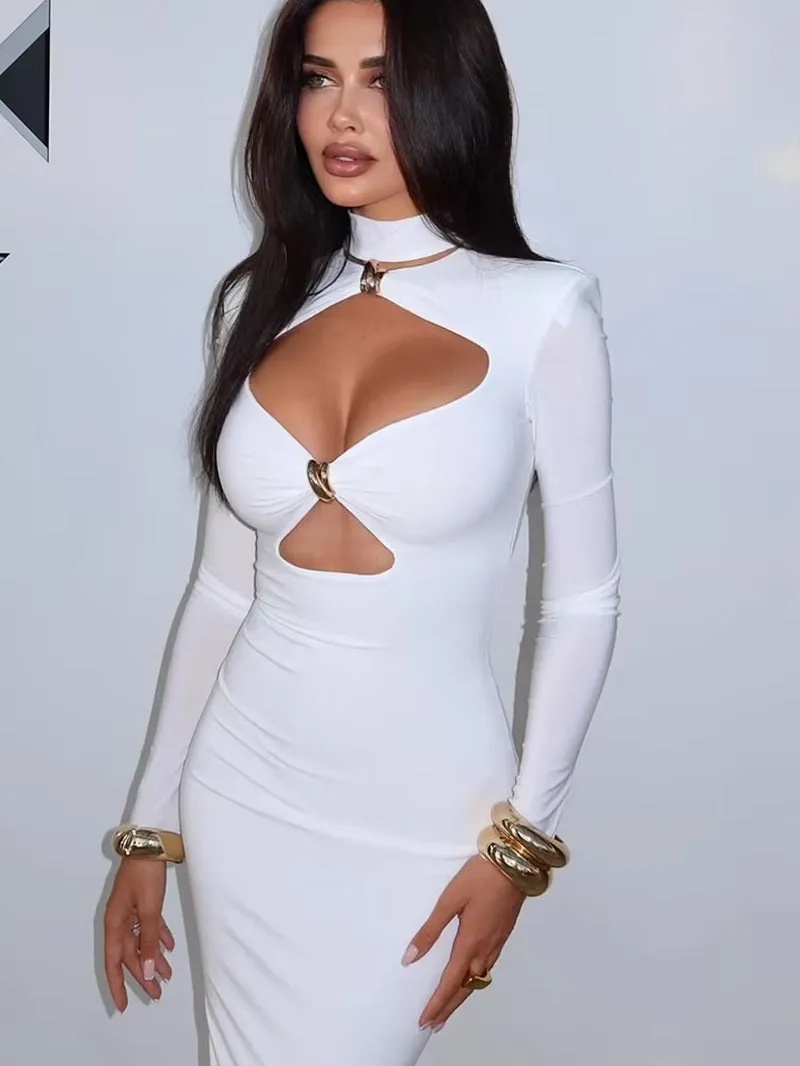 Chic Hollow Out Turtleneck Sheath Dress - Elegant Full Sleeve Party Wear for Women