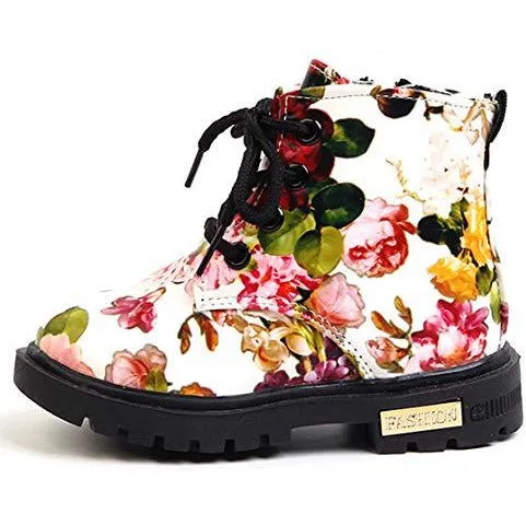 DADAWEN  Waterproof Side Zipper Lace-Up Ankle Boots (Toddler/Little Kid/Big Kid) White(Flowers) US Size 9.5 M Toddler