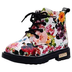 DADAWEN  Waterproof Side Zipper Lace-Up Ankle Boots (Toddler/Little Kid/Big Kid) White(Flowers) US Size 9.5 M Toddler