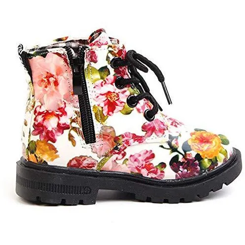 DADAWEN  Waterproof Side Zipper Lace-Up Ankle Boots (Toddler/Little Kid/Big Kid) White(Flowers) US Size 9.5 M Toddler