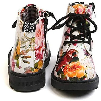 DADAWEN  Waterproof Side Zipper Lace-Up Ankle Boots (Toddler/Little Kid/Big Kid) White(Flowers) US Size 9.5 M Toddler