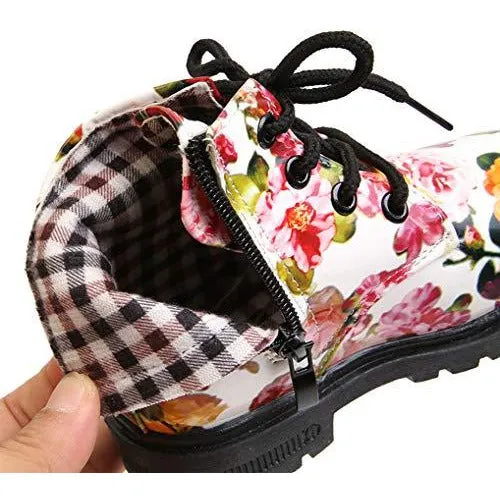 DADAWEN  Waterproof Side Zipper Lace-Up Ankle Boots (Toddler/Little Kid/Big Kid) White(Flowers) US Size 9.5 M Toddler
