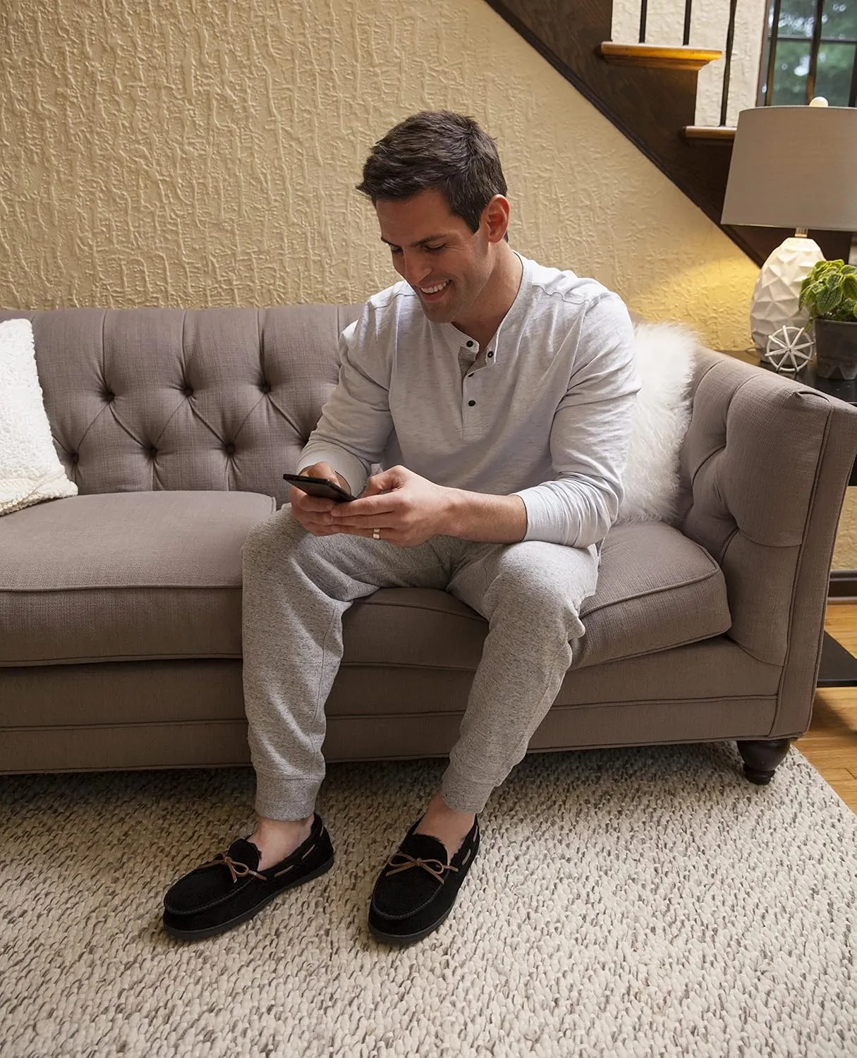 Dearfoams Men's Hudson Genuine Suede Memory Foam Moccasin Slipper with Tie