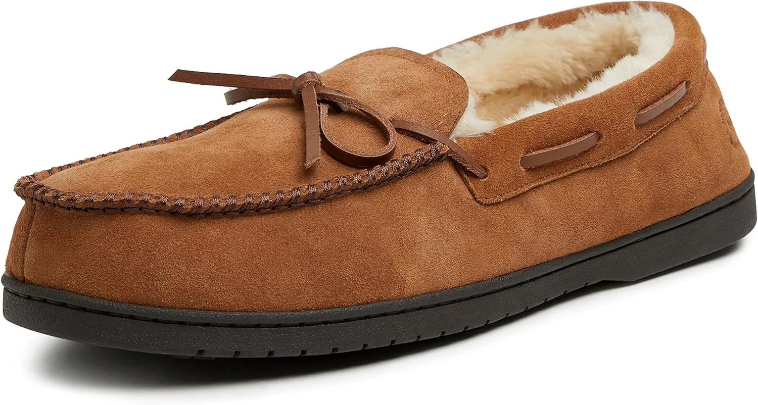 Dearfoams Men's Hudson Genuine Suede Memory Foam Moccasin Slipper with Tie