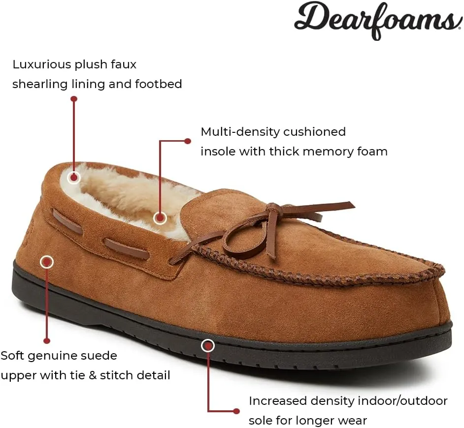 Dearfoams Men's Hudson Genuine Suede Memory Foam Moccasin Slipper with Tie