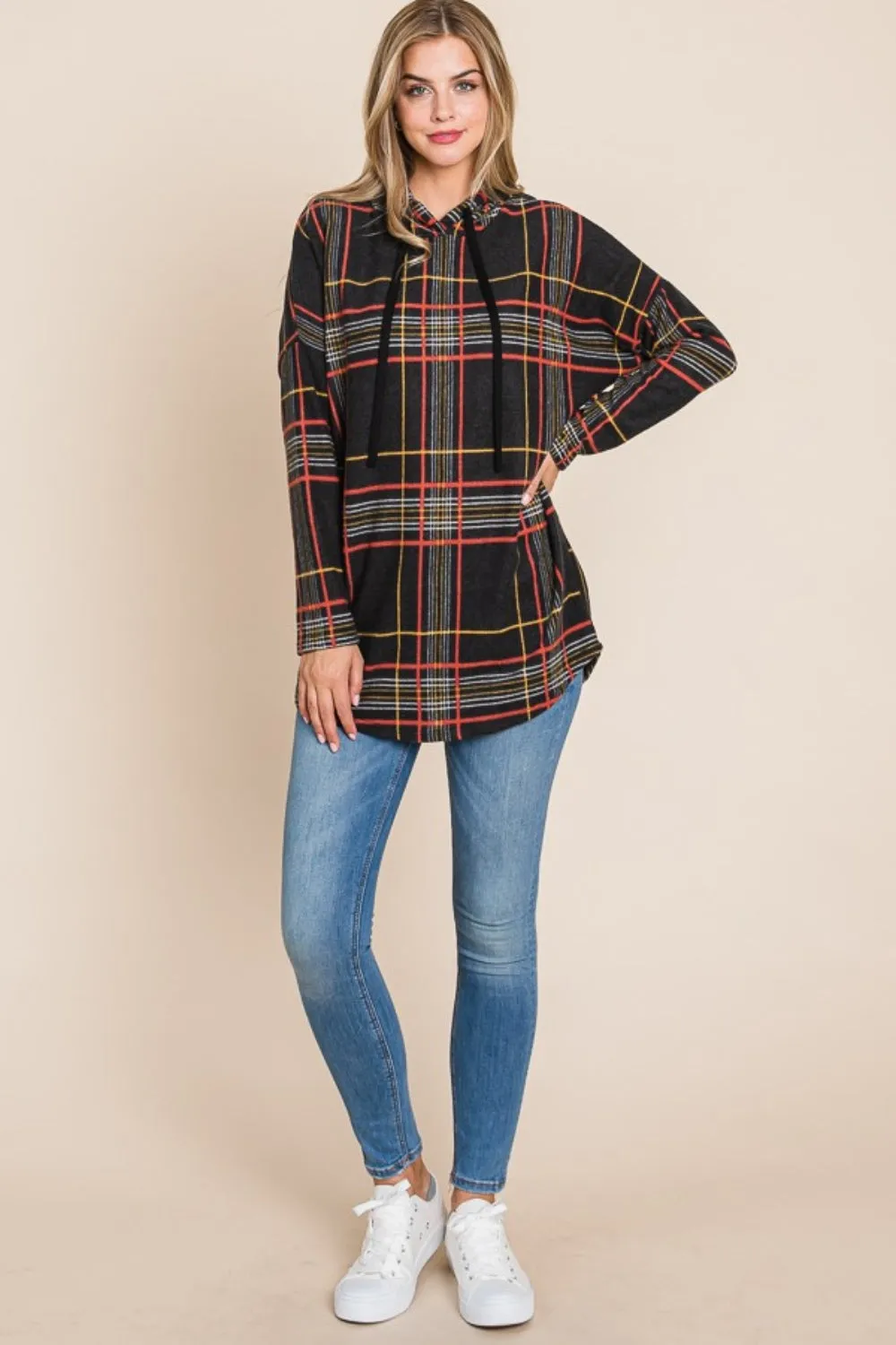 Drawstring Plaid Long Sleeve Hoodie - Black