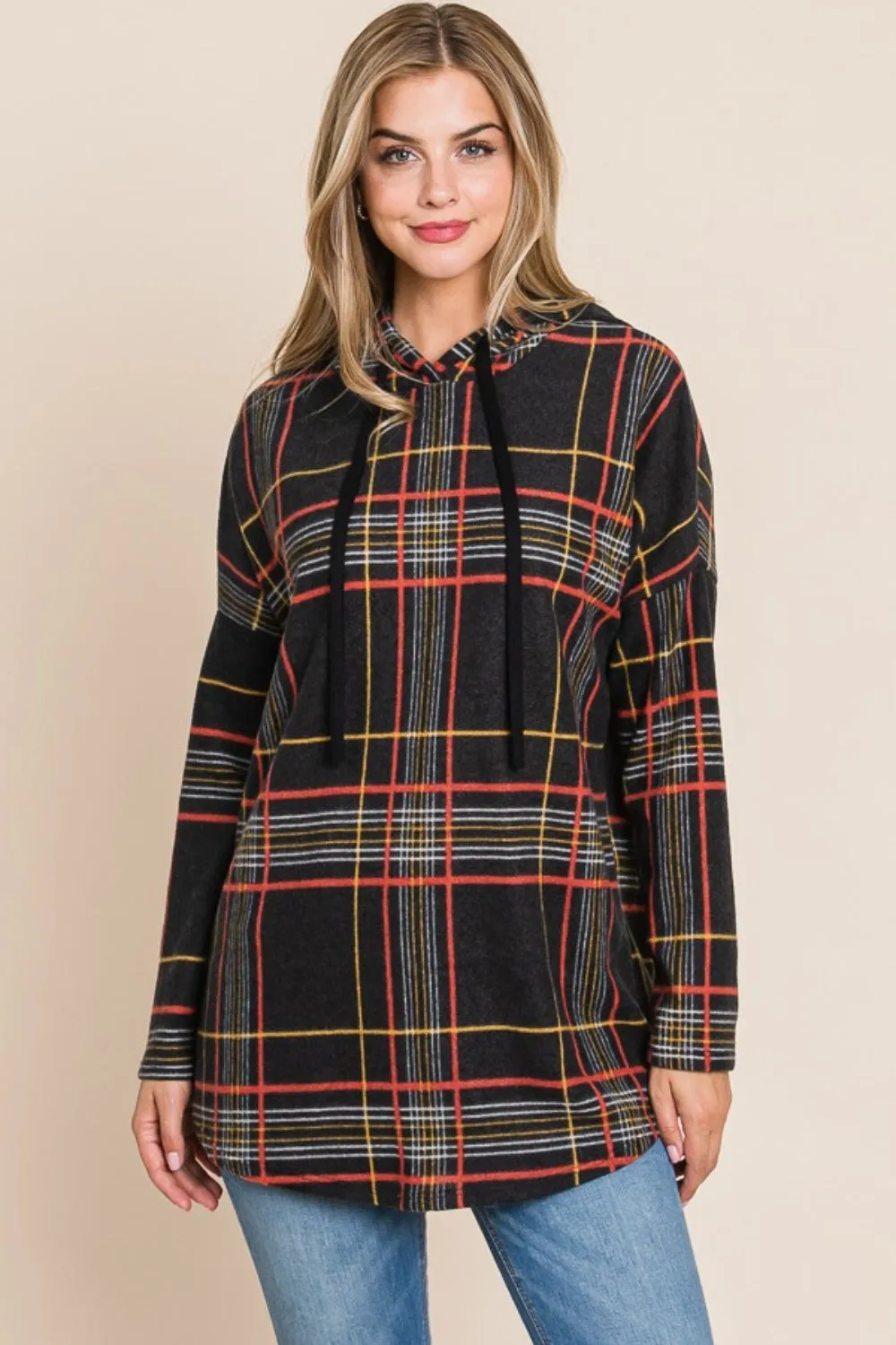 Drawstring Plaid Long Sleeve Hoodie - Black