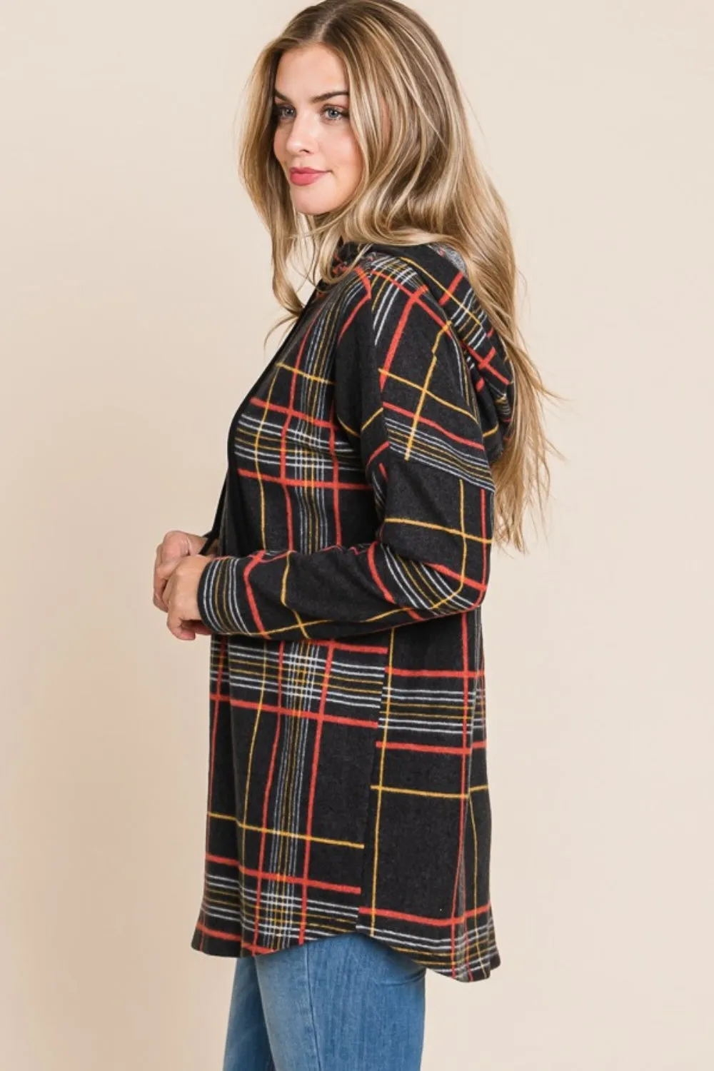 Drawstring Plaid Long Sleeve Hoodie - Black
