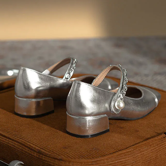 elveswallet Silver thick heel round toe Mary Jane shoes