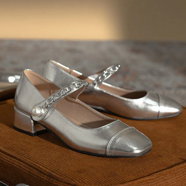 elveswallet Silver thick heel round toe Mary Jane shoes