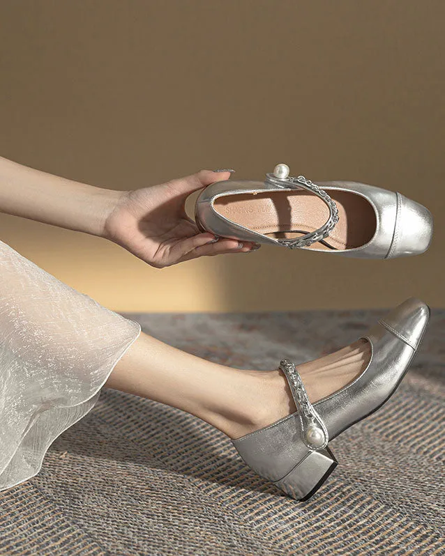 elveswallet Silver thick heel round toe Mary Jane shoes