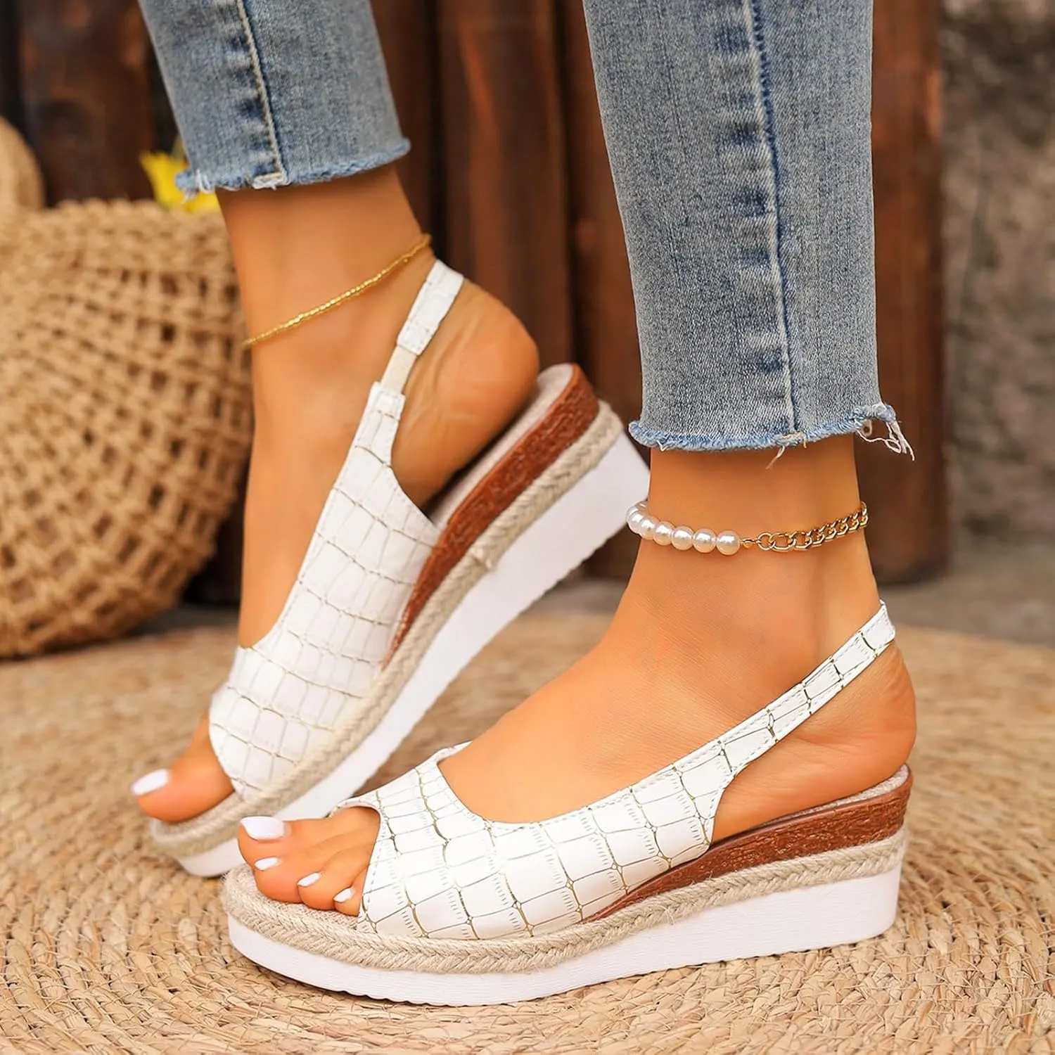 Espadrilles Wedges for Women Fish Mouth Orthopedic Sandals with Arch Support Elastic Strap Cut Out Walking Slides