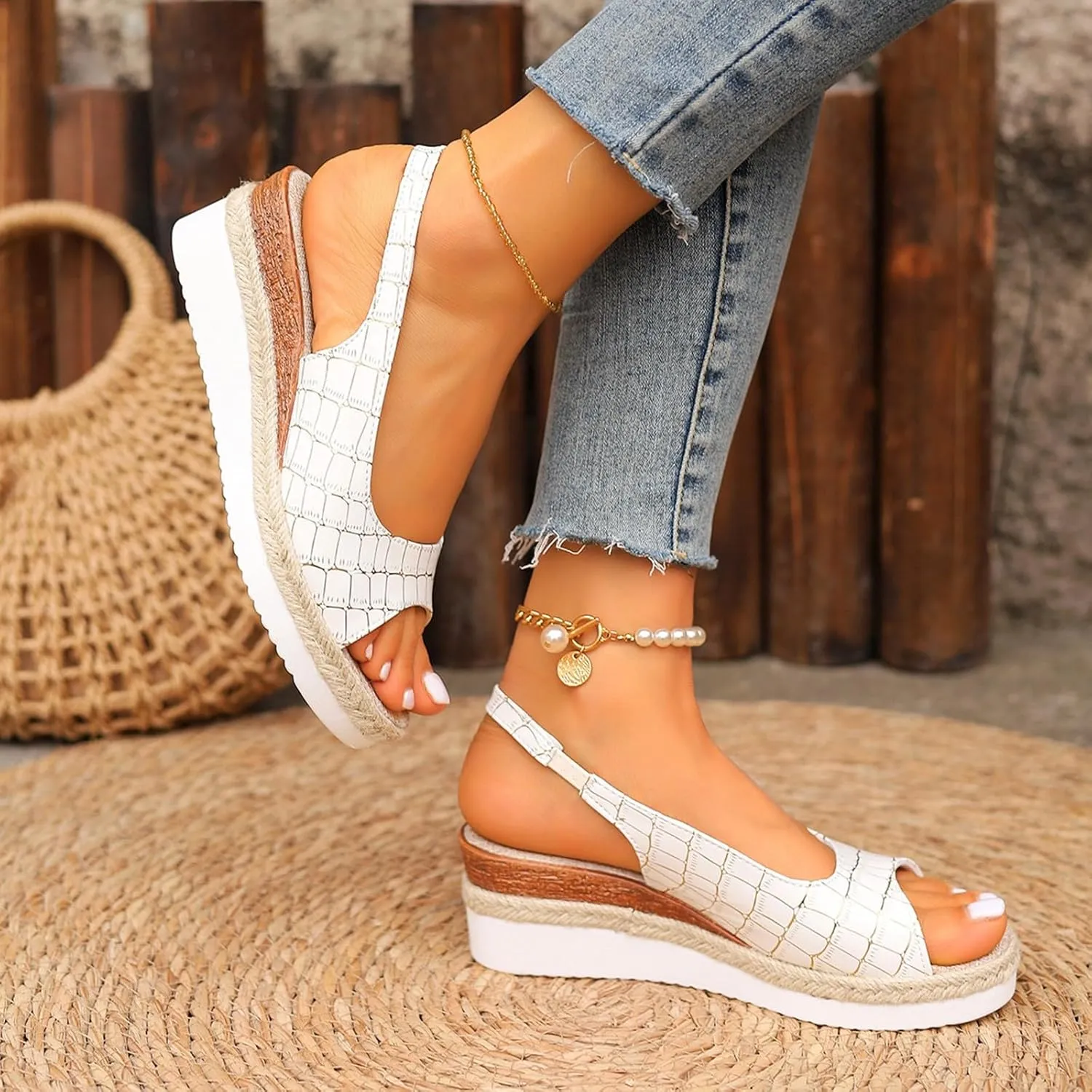 Espadrilles Wedges for Women Fish Mouth Orthopedic Sandals with Arch Support Elastic Strap Cut Out Walking Slides