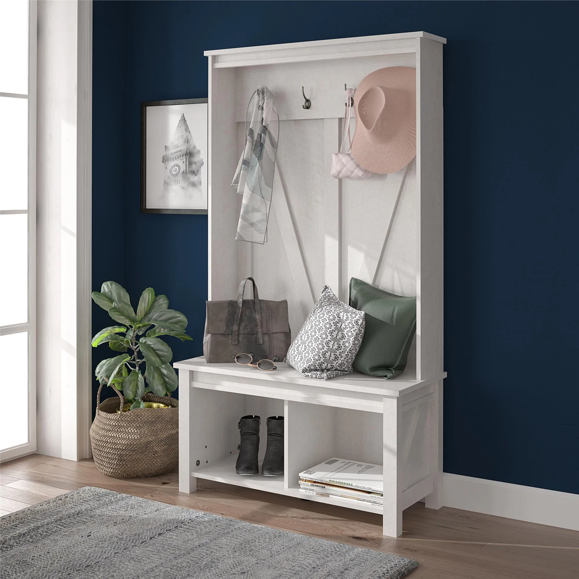 Farmington Entryway Hall Tree Bench, Ivory Oak