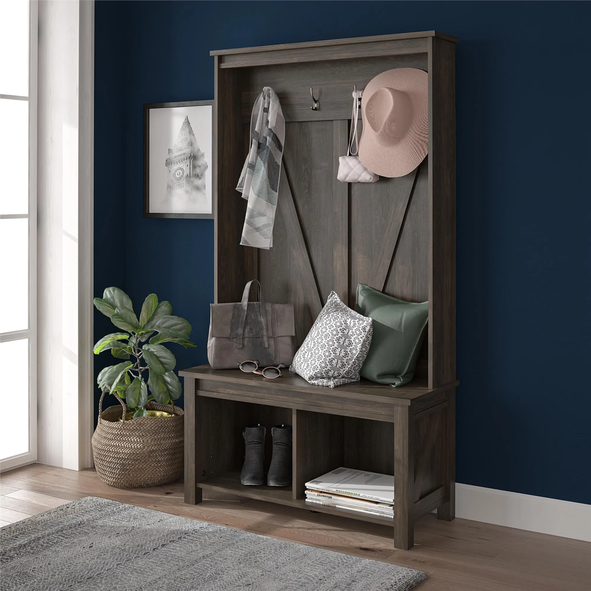Farmington Entryway Hall Tree Bench, Ivory Oak
