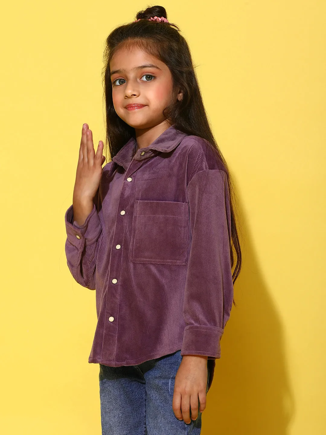 Girls Purple Polyester Full Sleeves Oversized Solid Shirt