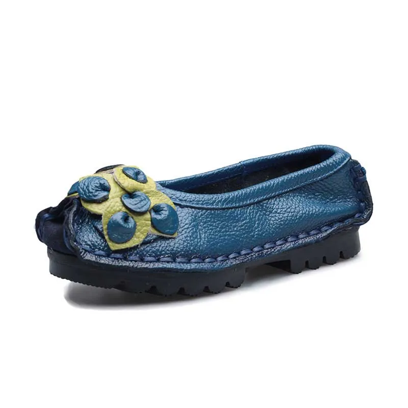 Handmade Genuine Leather Shoes Woman Retro Flowers Loafers