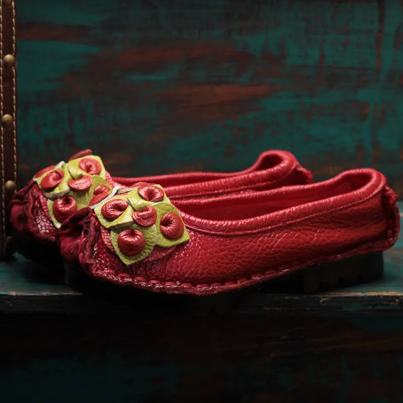 Handmade Genuine Leather Shoes Woman Retro Flowers Loafers