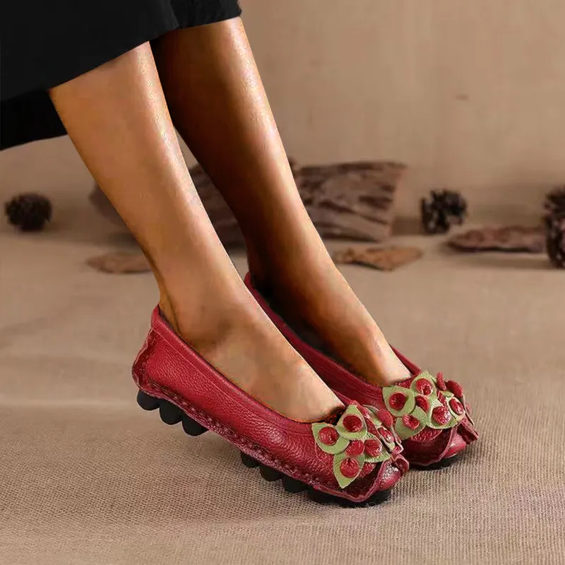 Handmade Genuine Leather Shoes Woman Retro Flowers Loafers