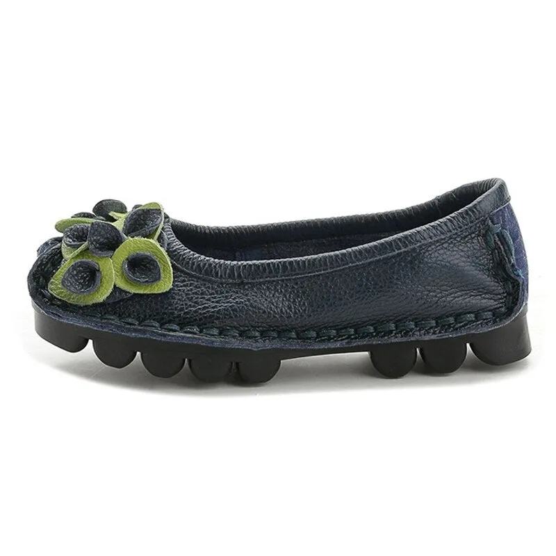 Handmade Genuine Leather Shoes Woman Retro Flowers Loafers