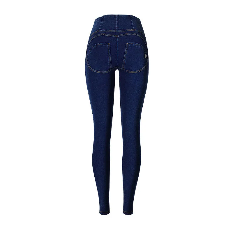 High Waist Zip Up Skinny Yoga Jeans - Dark Blue